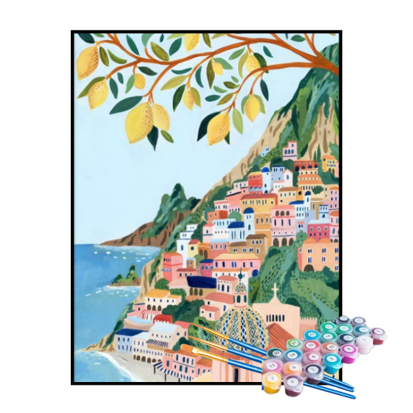 Kit de Peinture par Numéros - Village à la Montagne au Bord de la Mer