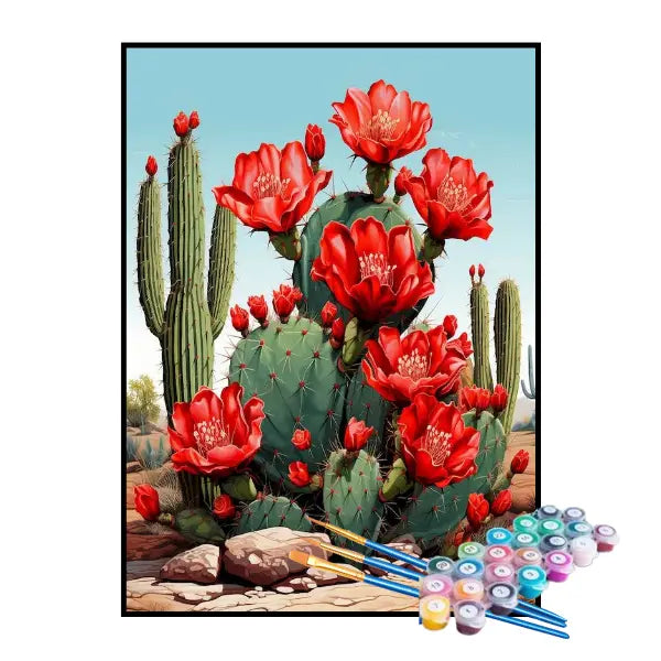 Kit de Peinture par Numéros - Fleurs Rouges Sur Le Cactus