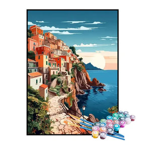 Kit de Peinture par Numéros - Village Au Bord De La Mer Sur La Corniche
